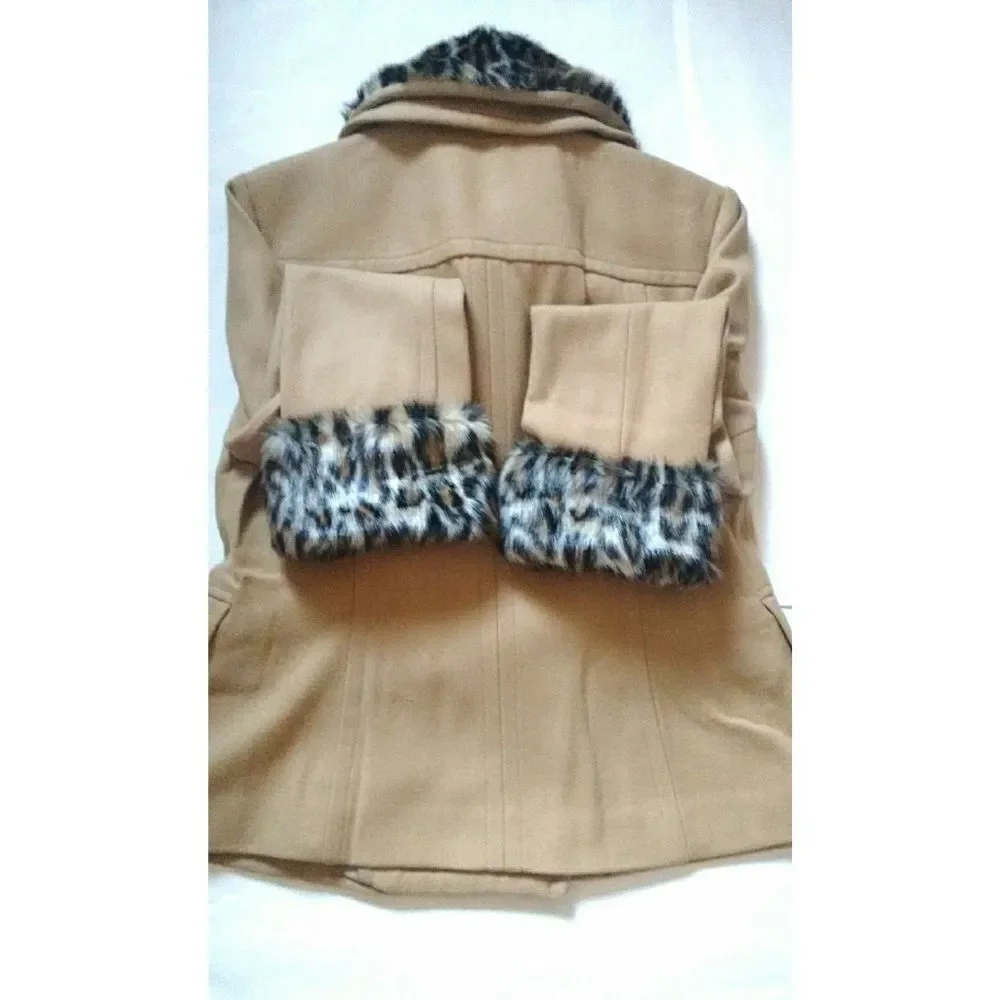 New! INC Women's Wool-Blend Pea Coat Removable Faux Fur Collar Size Medium Camel